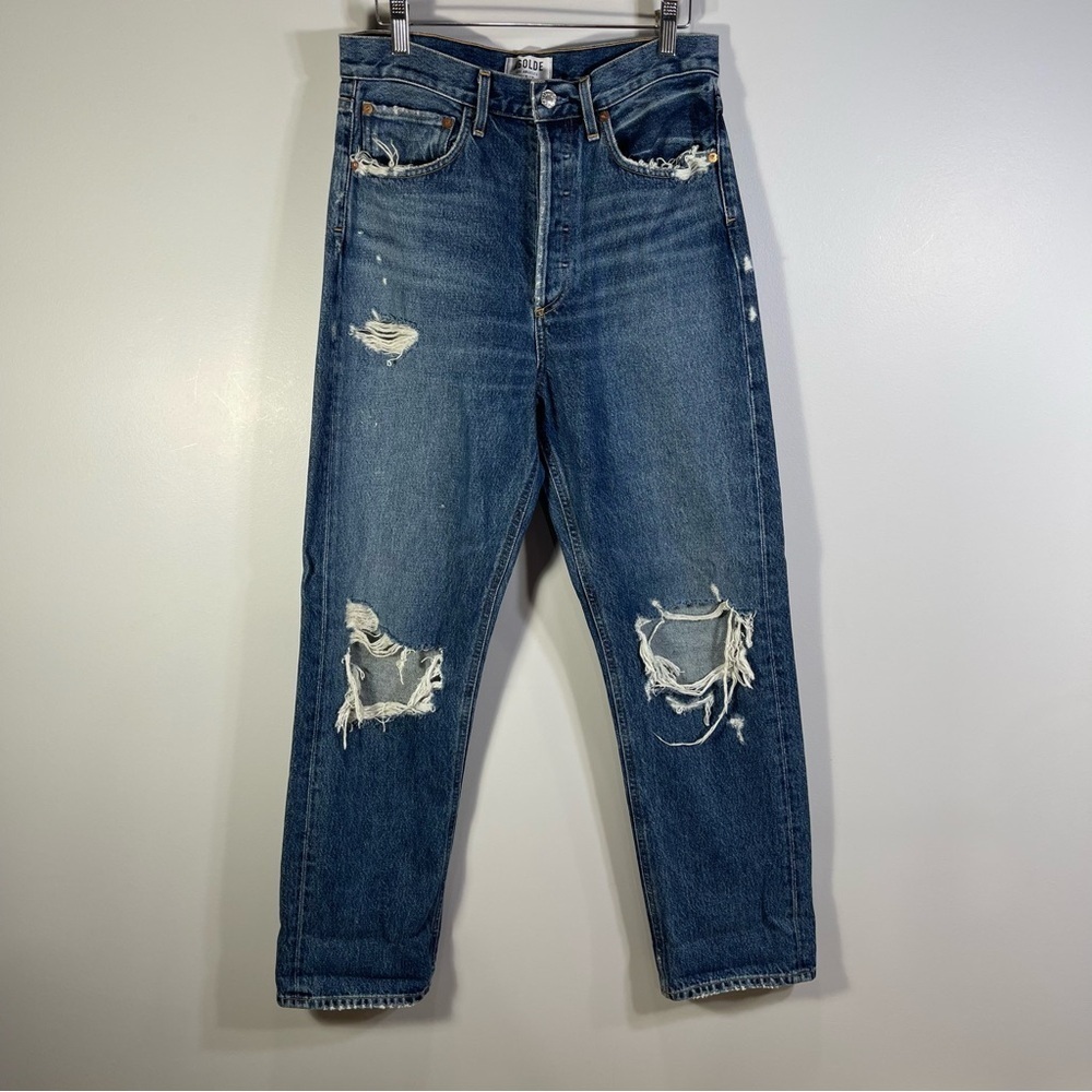 Agolde Womens 90s High Rise Loose Fit Distressed Blue Jeans Psyche Wash Size 27 - Picture 3 of 15